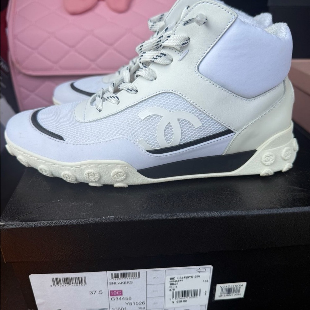 CHANEL White and Black High-Top Sneakers